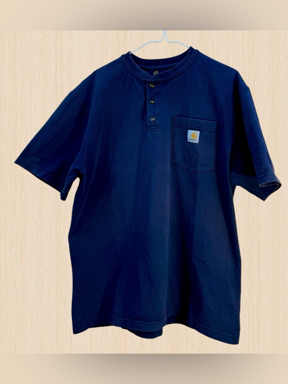 Carhartt Henley Pocket Tee – Faded Blue / Workwear Distressed – Size Medium